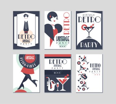 Vitrinde Kokteyl ve Jazz Müzik Enstrümanları Vector Set 'li Retro Party Davetiyeleri. Nostalji Biçimli Vintage Flyer Şablonu