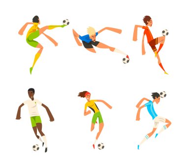 Erkek Futbolu ya da Futbolcu Tekmeleme ve Pas Veren Top Vector Set. Erkek Sporcu Takım Turnuvasına Katıldı