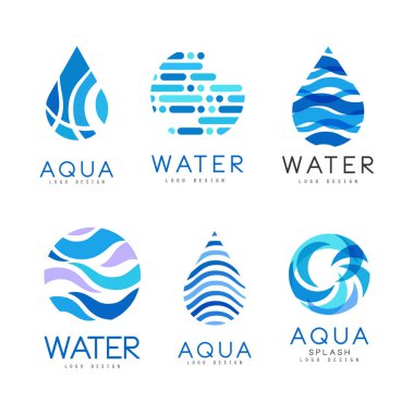 Su ve Su Logosu Tasarımı Mavi Su Sıçratma ve Sıvı Dalgası Şekil Vektör Seti. Saf Sıvı Amblemi