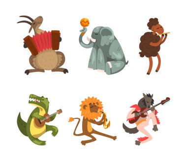 Funny Animal Character Playing Different Musical Instrument Performing Concert Vector Set. Talented Mammal Musician on Stage Producing Sound and Melody Concept clipart