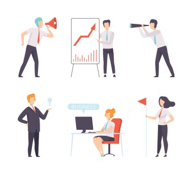 İş Adamları Karakterleri ve Resmi Giyimde Ofis Çalışanı Günlük Etkinlik Vektörü Seti 'ne Bağlandı. Başarılı Erkek ve Kadın Görevi