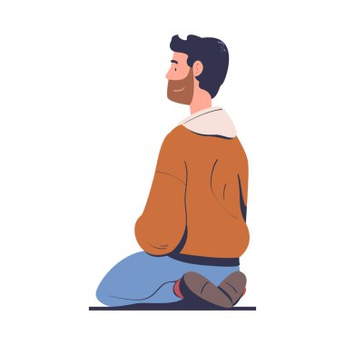 Sakallı Adam Karakteri Açık Hava Sinema Vector Illustration 'da Bükülmüş Bacaklar İzleme Filmi ile Yerde Oturuyor. Genç erkek açık hava tiyatrosunu seviyor.