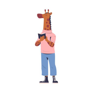 Jiraffe Hayvan Başı Ayakta Duran ve Kitap Vektörü İllüzyonu Okuyan Adam Karakteri. Giyinik Antropomorfik Memeli Konsepti