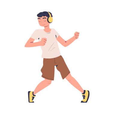 Kulaklıklı Genç Çocuk Müzik ve Dans Eden Vektör İllüstrasyonu Dinliyor. Genç Adam Müzik Çalan Konseptinde Ses Parçası ve Melodiyi Seviyor