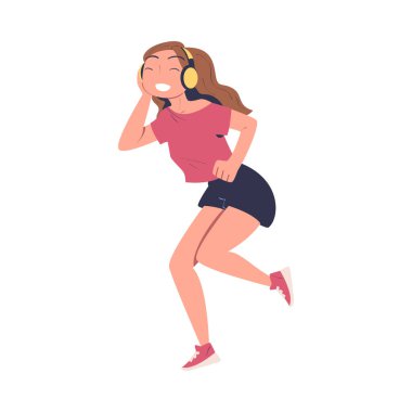 Kulaklıklı Genç Kız Müzik ve Dans Eden Vektör İllüstrasyonu Dinliyor. Genç Kadın Müzik Çalan Konseptinde Ses Parçası ve Melodiyi Seviyor