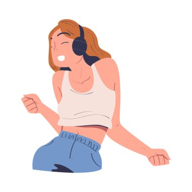 Kulaklıklı Mutlu Kadın Müzik Dinliyor ve Dans Eden Vektör İllüstrasyonu. Genç Kadın Müzik Çalan Konseptinde Ses Parçası ve Melodiden Hoşlanıyor