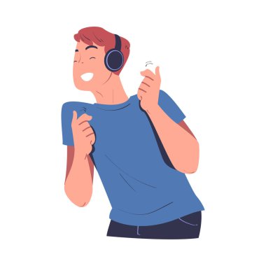Kulaklıklı Mutlu Adam Müzik Dinliyor ve Dans Eden Vektör İllüstrasyonu. Genç Erkek Müzik Çalan Konseptinde Ses Parçası ve Melodiden Hoşlanıyor