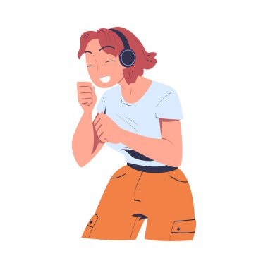 Kulaklıklı Mutlu Kadın Müzik Dinliyor ve Dans Eden Vektör İllüstrasyonu. Genç Kadın Müzik Çalan Konseptinde Ses Parçası ve Melodiden Hoşlanıyor