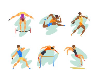 Profesyonel Sporcu Koşuyor, Zıplıyor, Halter ve Discus Atış Vektörü Set 'inde. Kas Erkek Yarışması Spor Etkinliği ve Eğitimine Başladı