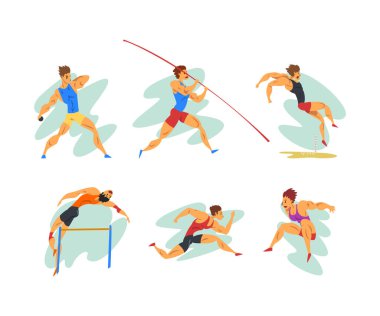 Profesyonel Atletizm Koşu, Zıplama, Halter ve Top Fırlatma Vector Set 'inde. Kas Erkek Yarışması Spor Etkinliği ve Eğitimine Başladı