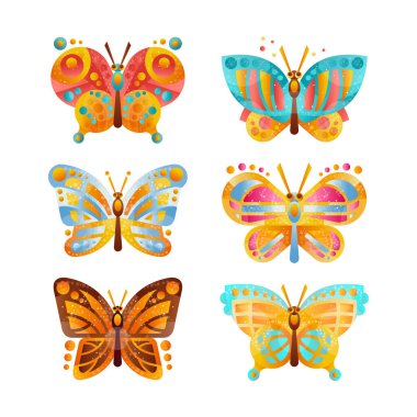 Parlak Renkli Kanat Vektörü İllüstrasyon Seti ile Tropik Kelebek. Simetrik Süslemeli Renkli Güve