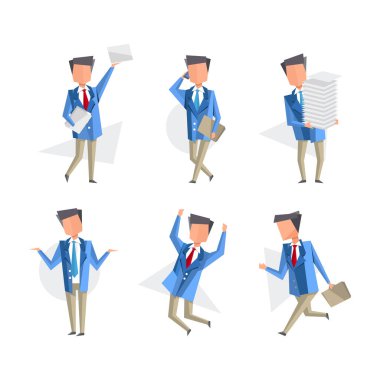 Resmi Takım Elbiseli ve Kravatlı İş Erkeği Farklı Faaliyet Vektörüne Bağlandı. Erkek Ofisi Çalışanı Günlük Görevini Yapıyor