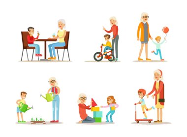 Yaşlı büyükanne torunlarıyla vakit geçiriyor dondurma yiyor, bisiklete biniyor, yürüyor, bahçıvanlık yapıyor, scooter sürüyor ve oyuncak blok vektör seti oynuyor. Yaşlı gri saçlı büyükanne ve torunu ve...