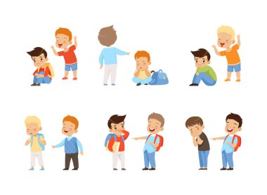 Angry Kids Bullying and Abusing the Weak Agemate Teasing and Laughing at Them Vector Set. Warring Little Boy Mocking Having Hostile Behavior Towards Their Victim clipart