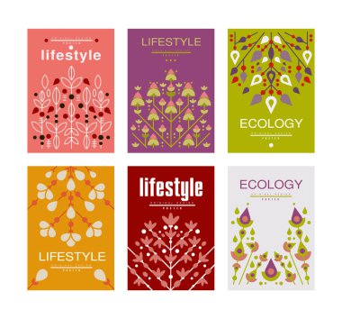 Çiçek Yaşam Tarzı ve Ekoloji Posteri veya Kart Tasarım Vektörü Seti. Temiz ve Saf Çevre Konsepti