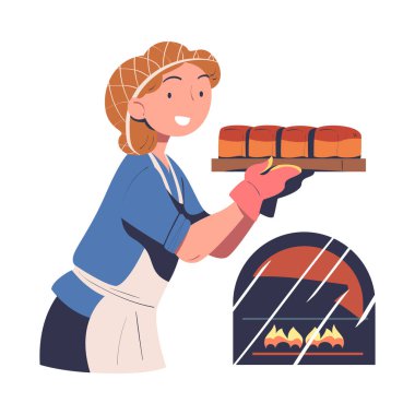 Önlüklü Fırıncı Kadın. Fırında pişmiş ekmek ve Tutucu İllüzyonu. Mutlu Gülümseyen Kadın Ekmek Yapıyor Fırında Meşgul