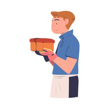 Önlükteki Adam Baker. Fırında pişmiş ekmek ve Tutucu İllüzyonu. Mutlu Gülümseyen Erkek Ekmek Yapımı Fırında Nişanlı