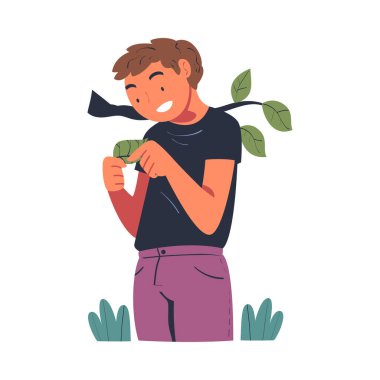 Doğayı İncelemekte olan Erkek Karakteri, Yeşil Yaprak 'ı Elindeki Vektör İllüzyonunu Keşfediyor. Genç Erkek Dış Çevreyi İnceleme