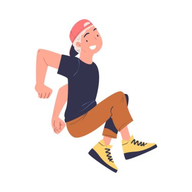 Neşeli Erkek Karakteri Trambolin Vektör İllüstrasyonunda Zıplıyor. Havada zıplayan ve zıplayan heyecanlı genç erkek