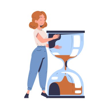 Büyük Kum Saati Düzenleme Zamanı Kontrat Vektörü İllüzyonu İçin Kadın Karakteri. Son teslim tarihiyle uğraşan Genç Kadın