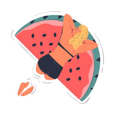 Woman Character Floating on Watermelon Air Mattress in Swimming Pool Vector Illustration. Young Female Relaxing and Sunbathing on Inflatable Floatie Above View clipart