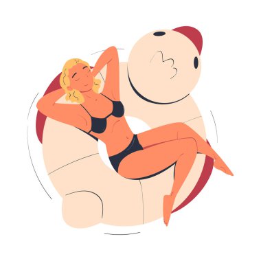 Woman Character in Swimsuit Floating on Duck Rubber Ring in Swimming Pool Vector Illustration. Young Female Relaxing and Sunbathing on Inflatable Floatie Above View clipart