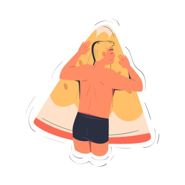 Yüzme Havuzu Vektör İllüstrasyonunda Erkek Karakteri Hava Yatağında Yüzüyor. Genç Erkek Gevşeyen ve Güneş Banyosu Şişme Şamandıranın Üzerinde