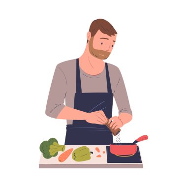 Sakallı Adam Karakteri Kızartma Pan Vektör Çiziminde Tablo Lezzetli Sebzeler 'de Evde Yemek Pişiriyor. Önlüklü Genç Erkek Mutfakta Yemek ve Yemek Hazırlıyor