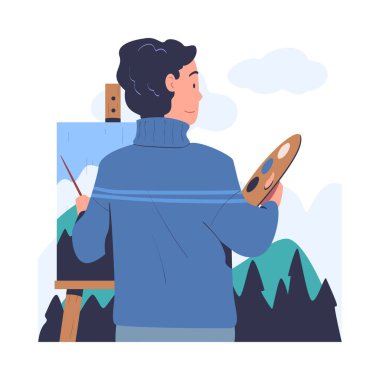 Easel ile Doğa Manzarası Çizen Erkek Karakteri ve Tuval Vektör Resimlerinde Fırça. Yetenekli Erkek Sanatçı Ressamlığı Yaratıcı Hobiye Bağlandı