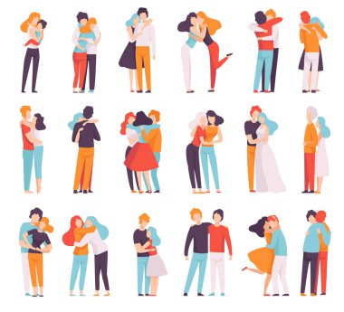 Birbirlerine sarılıp kucaklayan Karakterler Büyük Vektör İllüstrasyon Seti. Erkek ve Kadın Sevgi ve Şefkat Hissediyor