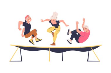 Man and Woman Characters Jumping on Trampoline Bouncing and Flying in the Air Vector Illustration. Young Male and Female Hopping High Engaged in Recreational Activity clipart