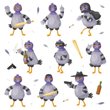 Pigeon Bandit Character with Bat and Handgun Smoking Cigarette and with Alcohol Bottle Vector Set. Street Bird Criminal and Gangster Committing Crime clipart