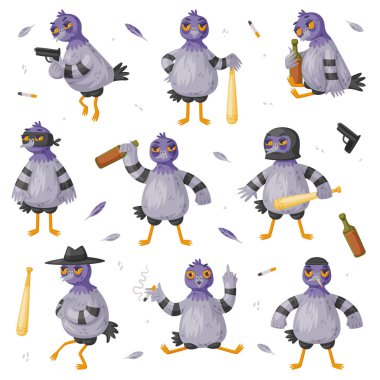 Pigeon Bandit Character with Bat and Handgun Smoking Cigarette and with Alcohol Bottle Vector Set. Street Bird Criminal and Gangster Committing Crime clipart