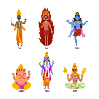 Antik Hint Hindu tanrıları ve tanrısı Yama, Vishnu, Igny, Shiva, Ganesha ve Indra Vector Set ile. Dini Hinduizm İdolü