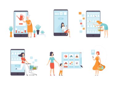 Mobile Store Vector Set 'ten İnsan Karakterleriyle Çevrimiçi Alışveriş Satın Alım ve Yapım. İnternet Uygulamasıyla Mal Siparişi Veren Kadın Ticareti