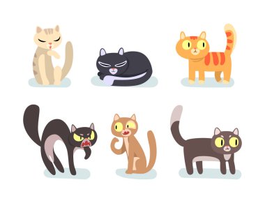 Tüylü Kedi ve Tabby, Tüylü Evcil Hayvan Oturma ve Ayakta Vektör Set rolünde. Şirin Burunlu Arkadaş Canlısı Mırıldayan Memeliler
