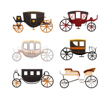 Antique Carriage or Chariot as Four-wheeled Vehicle with Footplate and Hood Vector Set. Enclosed and Open Wagon or Cart for Carrying Passenger