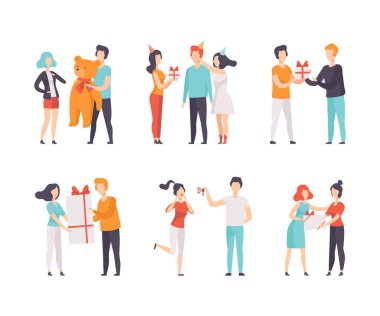 Bayram Kutlama Vektörü Seti olarak Halk Karakterleri Paketli Hediye Kutusu Veriyor ve Alınıyor. Kutlama için sunumları olan erkek ve kadın.