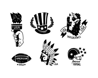 Torch, Top Hat, Bull, Rugby Ball, Indian and Football Helmet Vector Set 'li USA Black Logo Rozetleri. Ulusal Sembollerle Vatanseverlik veya Bağımsızlık Günü
