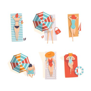 Sahilde güneşlenen ve tatilin tadını çıkaran karakterler seti. Mayolu Genç Adam ve Kadın Deniz kenarında ya da Sahilde Rahatlıyor