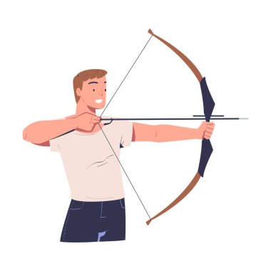 Yaylı adam ateş ediyor. Archer, beyaz üzerine izole edilmiş çizgi film vektör çizimi uyguluyor.