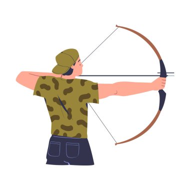 Pruvayla ateş eden adam, arkadan gören. Okçuluk çizgi filmi vektör illüstrasyonunda beyaz üzerine izole edilmiş erkek atıcı eğitimi