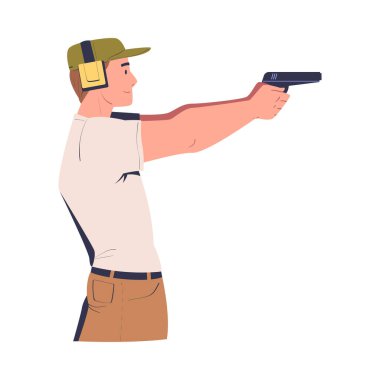 Silah doğrultmuş kulak koruyuculu bir adamın yan görüntüsü. Erkek atlet atıcı silah tutuyor ve beyaz karikatür vektör çizimi eğitimi alıyor.
