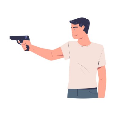 Adam silahla hedefe nişan alıyor. Erkek nişancı silah tutuyor ve beyaz karikatür vektör çizimi eğitimi alıyor.