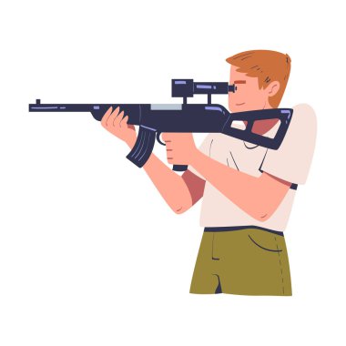 Genç Adam Silah ya da Tüfek Vektörü Resimleriyle Çekim Yapıyor. Silah Nişanı ve Hedefi Olan Erkek Nişancı