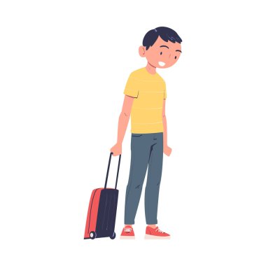 Gülen Adam Karakteri, Havalimanı Biniş Uçağı Vektör İllüzyonu 'nda bavulla birlikte duruyor. Genç Yolcu Uçuşunu Bekliyor