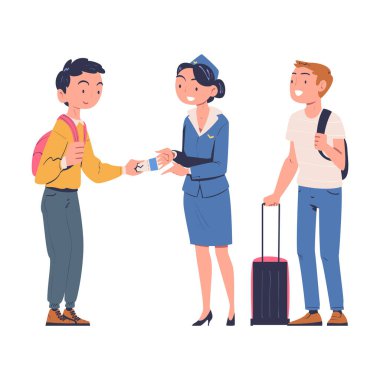 Havaalanı Kapısı 'nda Bilet Vektörü İllüstrasyonlu Bagaj Uçağı ile Erkek Karakteri. Çantalı erkek yolcu uçuş görevlisiyle konuşuyor.