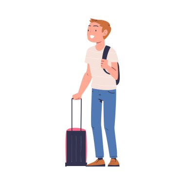 Sırt çantası ve bavullu gülen adam karakteri havaalanı bindirme uçağı illüstrasyonunda. Genç Yolcu Uçuşunu Bekliyor