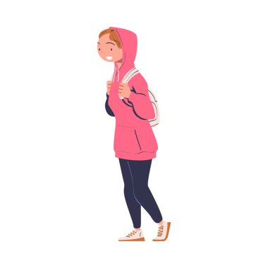 Sırt çantalı Gülümseyen Kadın Karakteri, Havalimanı Yatılı Uçağı Vector Illustration 'da. Genç Bayan Yolcu Uçuşunu Bekliyor