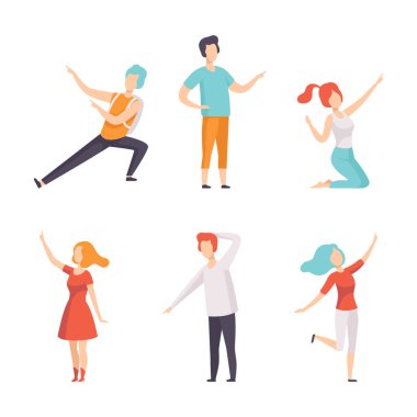 Index Finger 'ı işaret eden bir şeyi işaret eden insan karakteri el hareketi belirleme vektörü kümesi. Genç Erkek ve Kadın Bir Şey Gösterip Notluyor